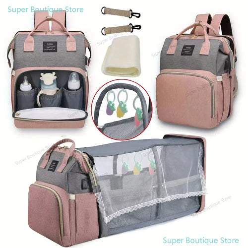 2025 Stroller Hanging Bag Mommy Baby Diaper Bag Backpack Changing Pad Shade Mosquito Net Wet and Dry Carrying USB Charging Port