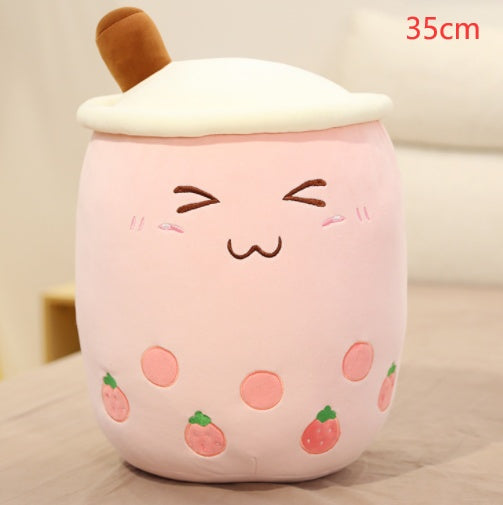 Bubble Tea Pluche Kussen – Cute Fruit Boba Knuffel (Strawberry/Milk Tea)