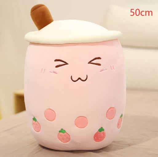 Bubble Tea Pluche Kussen – Cute Fruit Boba Knuffel (Strawberry/Milk Tea)